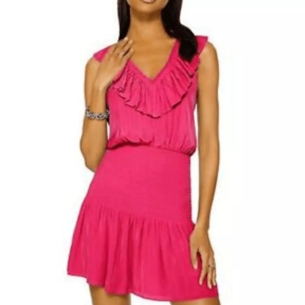 Ramy Brook Fuchsia Ruffled V-Neck Mini Dress